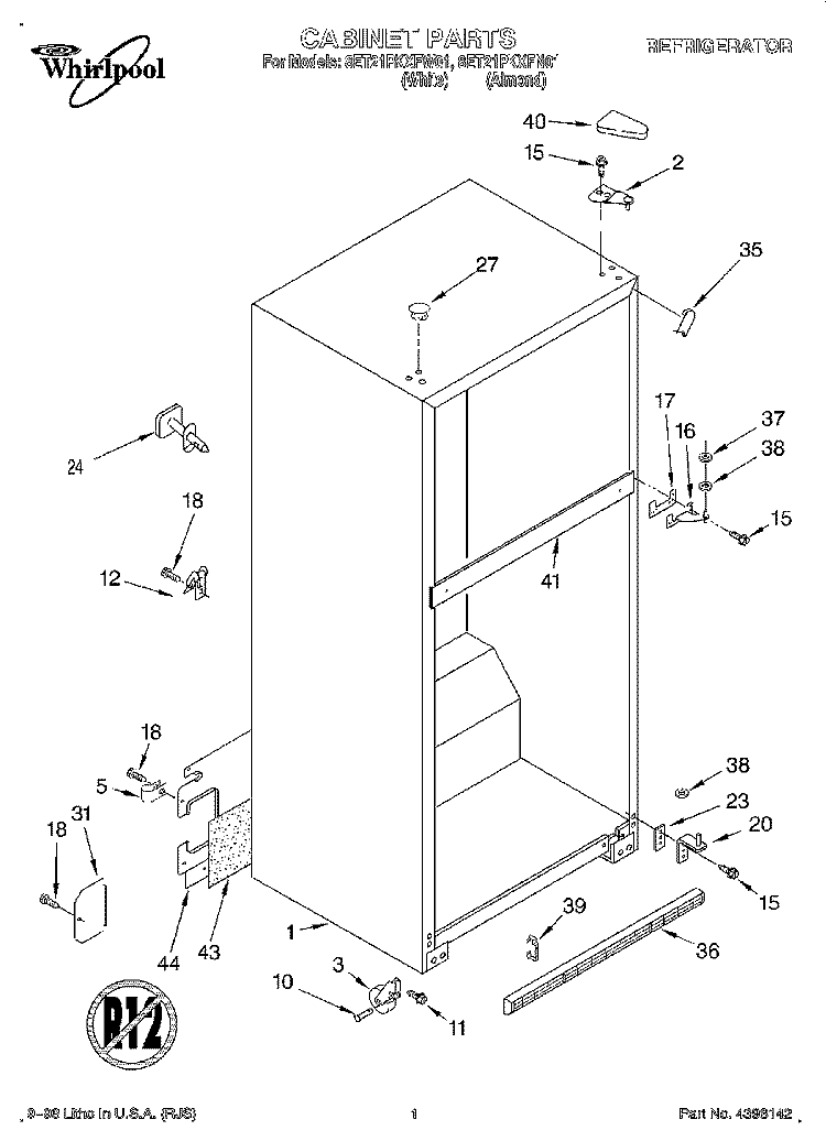 CABINET Diagram and Parts List for 8ET21PKXFW01  Whirlpool Refrigerator