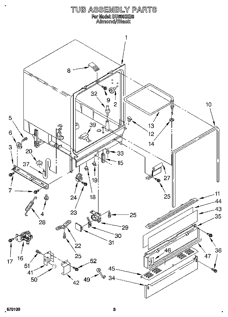 TUB ASSEMBLY Diagram and Parts List for DU8500XB0  Whirlpool Dishwasher