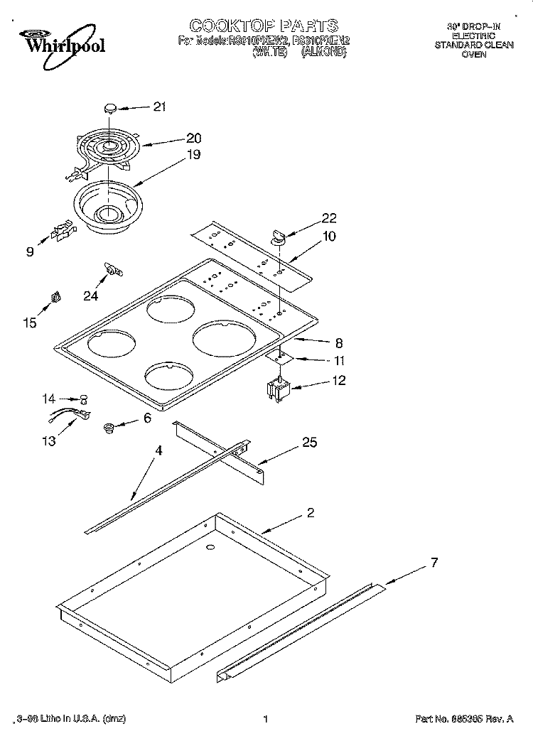 COOKTOP Diagram and Parts List for RS610PXEW2  Whirlpool Range