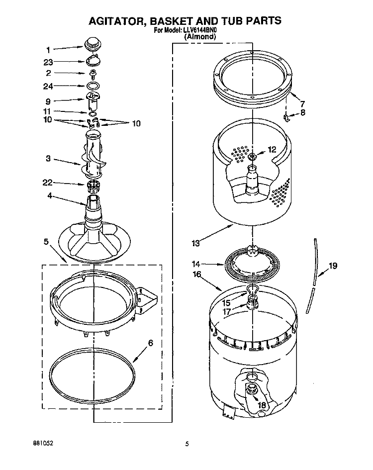 AGITATOR, BASKET AND TUB Diagram and Parts List for LLV6144BN0  Whirlpool Washer