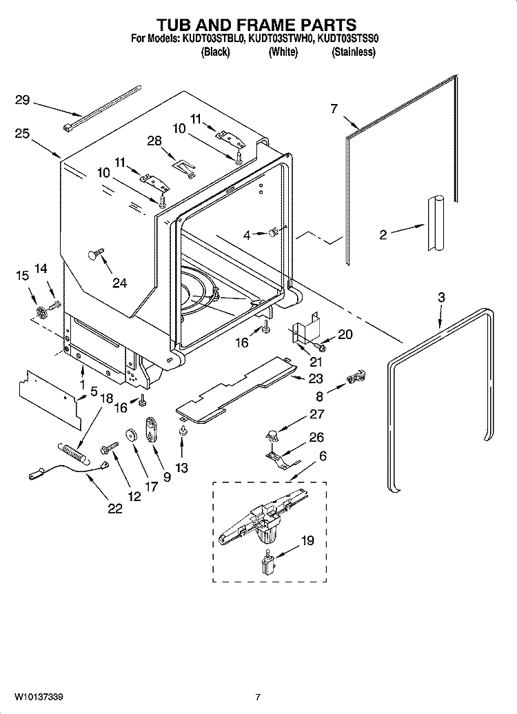 TUB AND FRAME PARTS Diagram and Parts List for KUDT03STSS0  KitchenAid Dishwasher