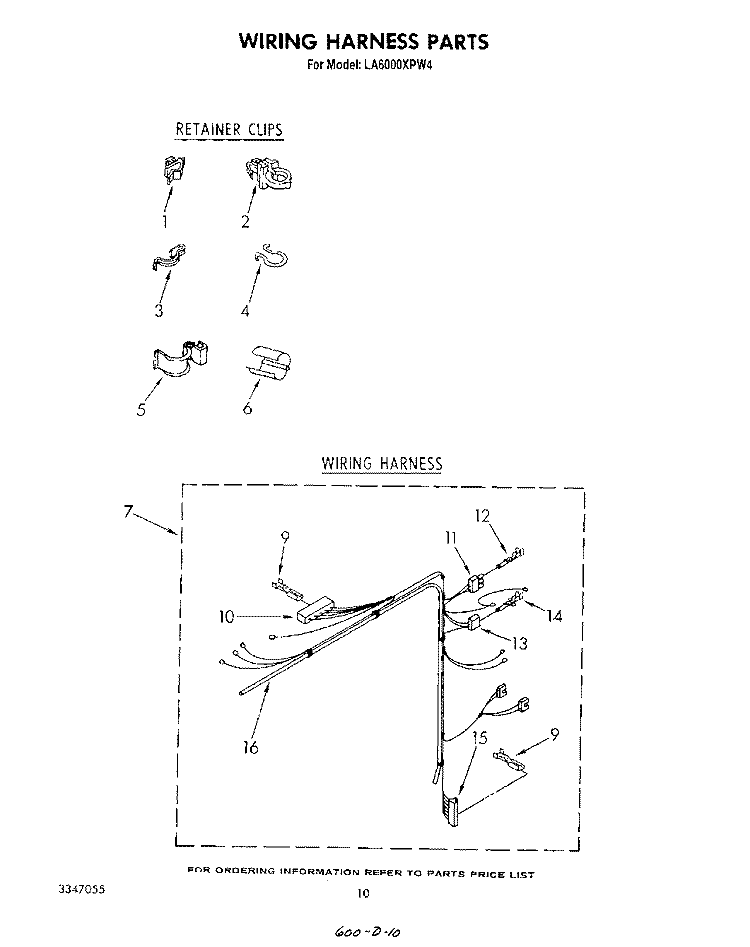 WIRING HARNESS Diagram and Parts List for LA6000XPW4  Whirlpool Washer