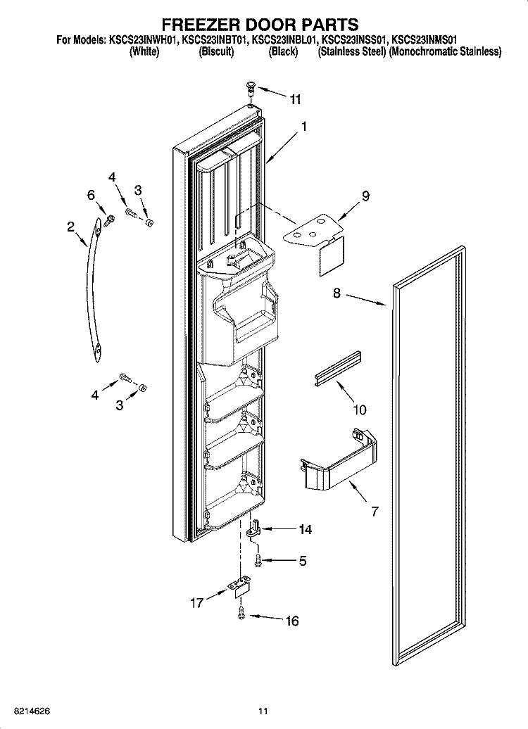 FREEZER DOOR PARTS Diagram and Parts List for KSCS23INMS01  KitchenAid Refrigerator