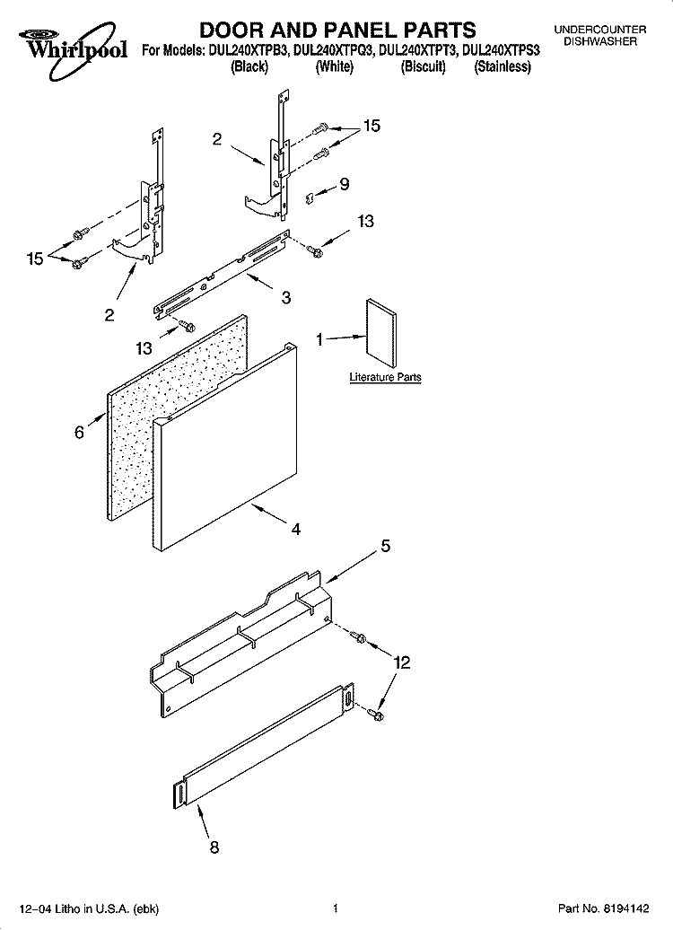 DOOR AND PANEL PARTS Diagram and Parts List for DUL240XTPB3  Whirlpool Dishwasher