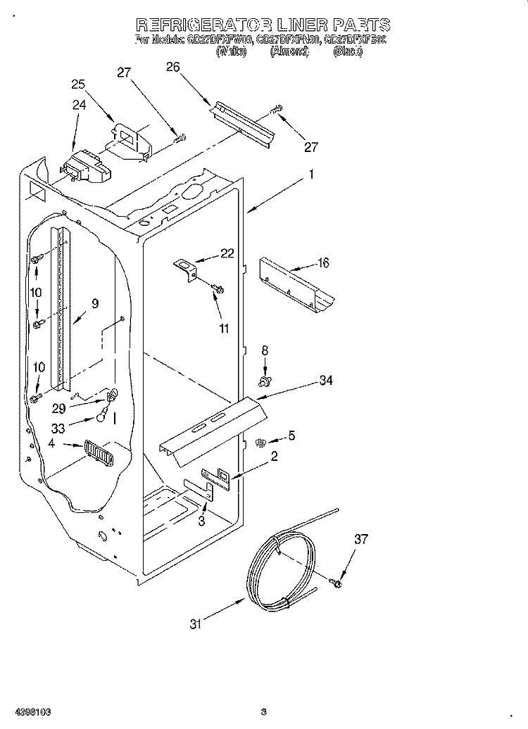 REFRIGERATOR LINER Diagram and Parts List for GD27DFXFB00  Whirlpool Refrigerator