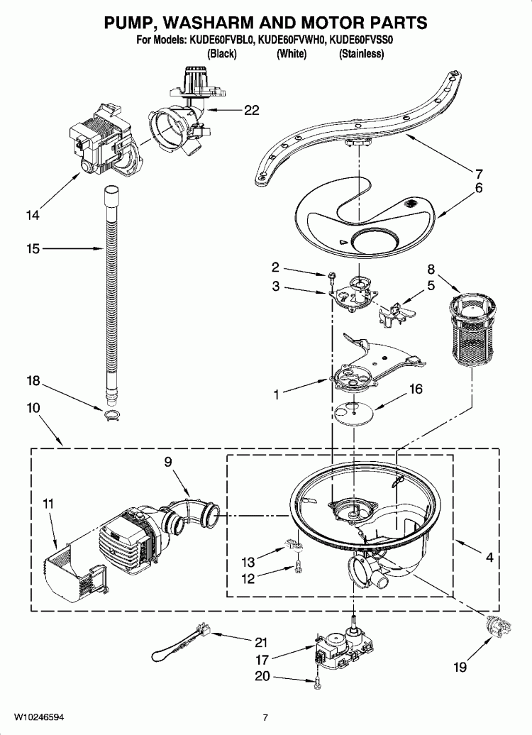 PUMP, WASHARM AND MOTOR PARTS Diagram and Parts List for KUDE60FVSS0  KitchenAid Dishwasher