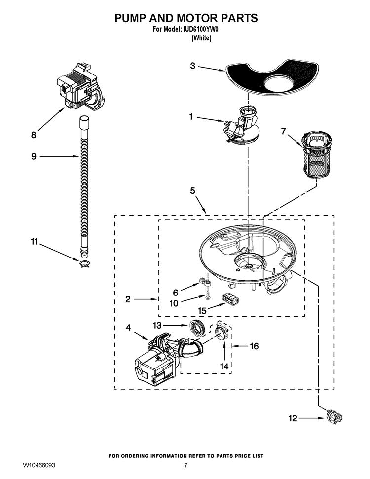 PUMP AND MOTOR PARTS Diagram and Parts List for IUD6100YW0  Whirlpool Dishwasher