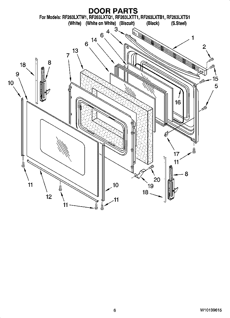 DOOR PARTS, OPTIONAL PARTS (NOT INCLUDED) Diagram and Parts List for RF263LXTW1  Whirlpool Range
