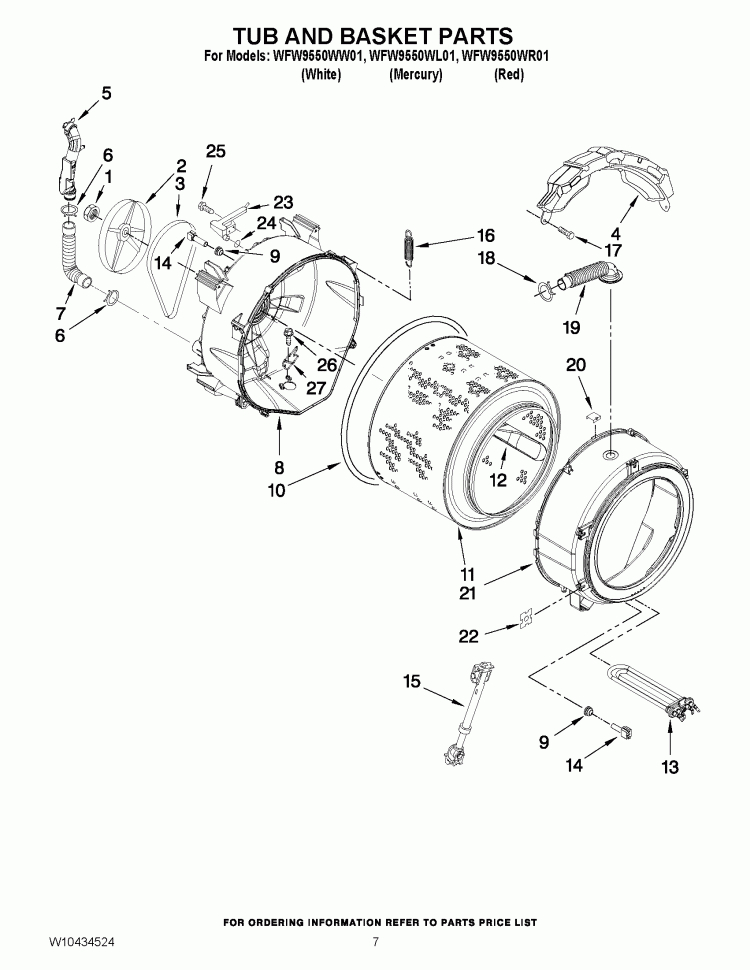 TUB AND BASKET PARTS Diagram and Parts List for WFW9550WL01  Whirlpool Washer
