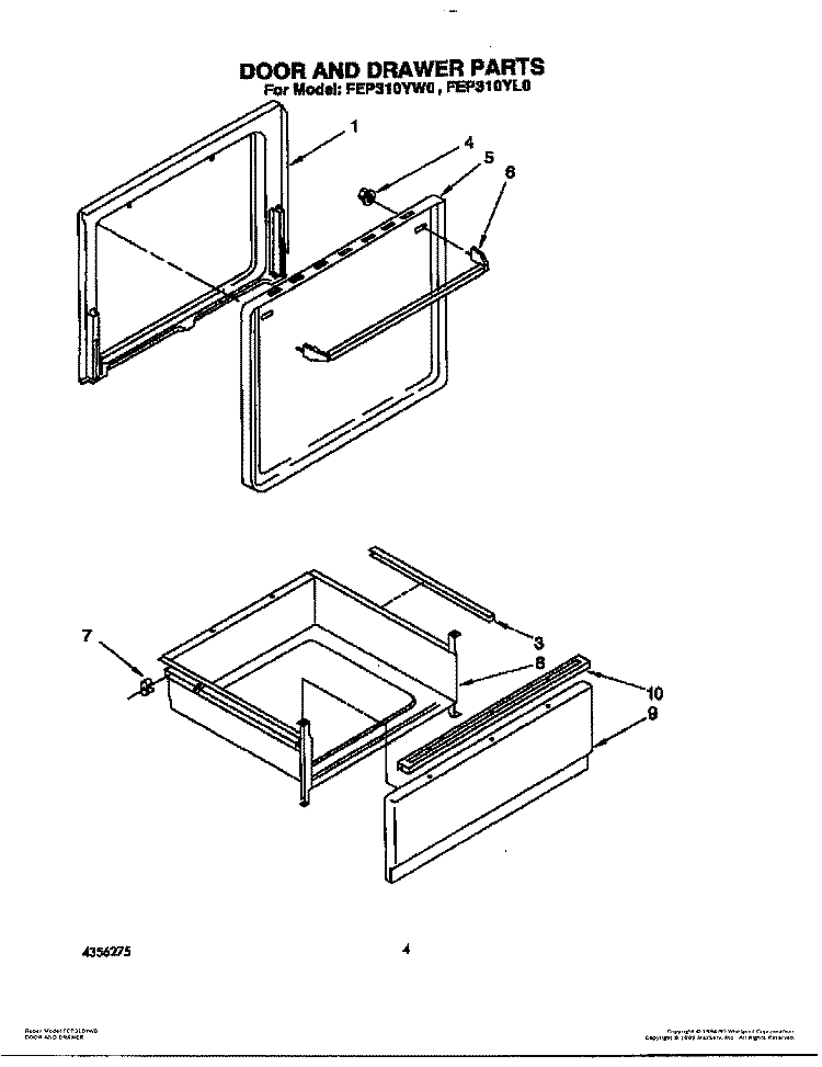 DOOR AND DRAWER Diagram and Parts List for FEP310YW0  Roper Range