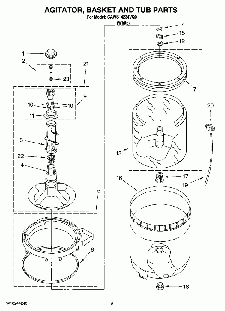 AGITATOR, BASKET AND TUB PARTS Diagram and Parts List for CAWS14234VQ0  Crosley Washer