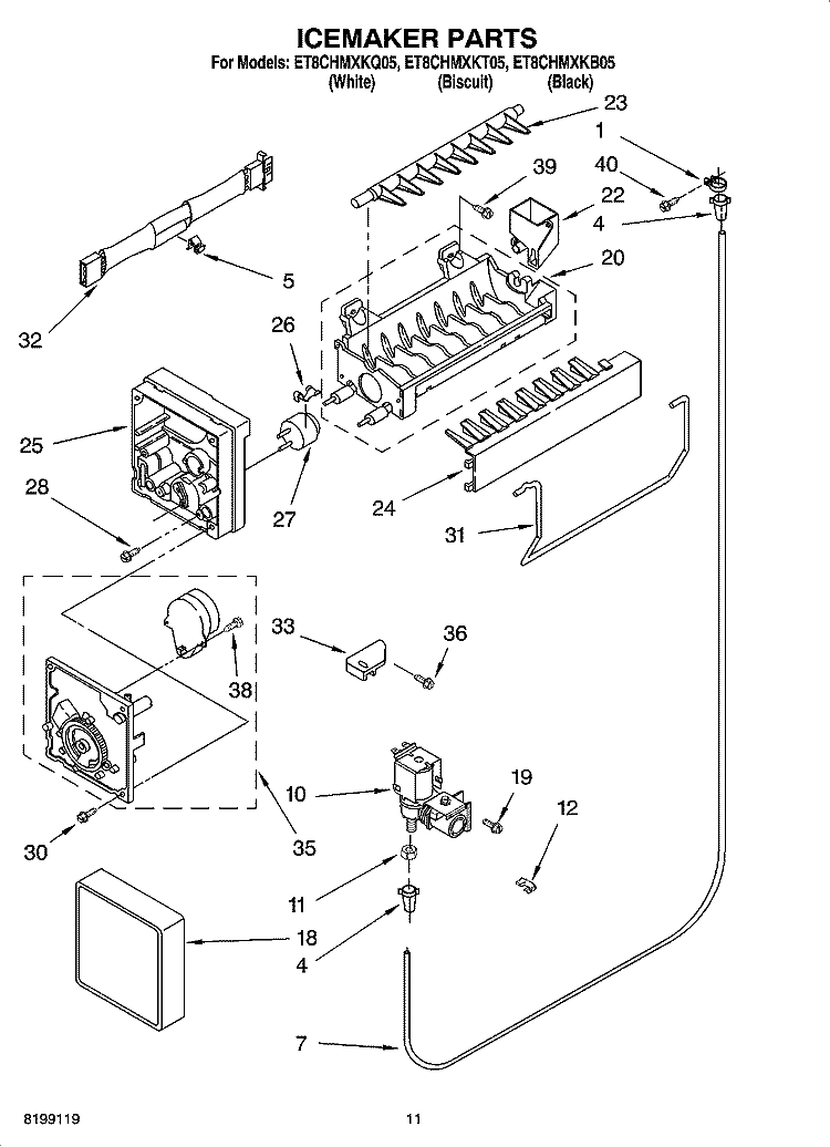 ICEMAKER PARTS, OPTIONAL PARTS Diagram and Parts List for ET8CHMXKQ05  Whirlpool Refrigerator