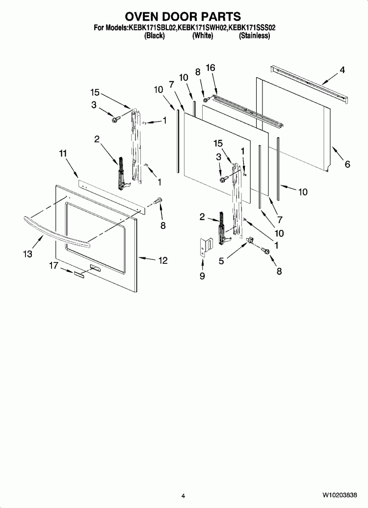 OVEN DOOR PARTS Diagram and Parts List for KEBK171SBL02  KitchenAid Wall Oven