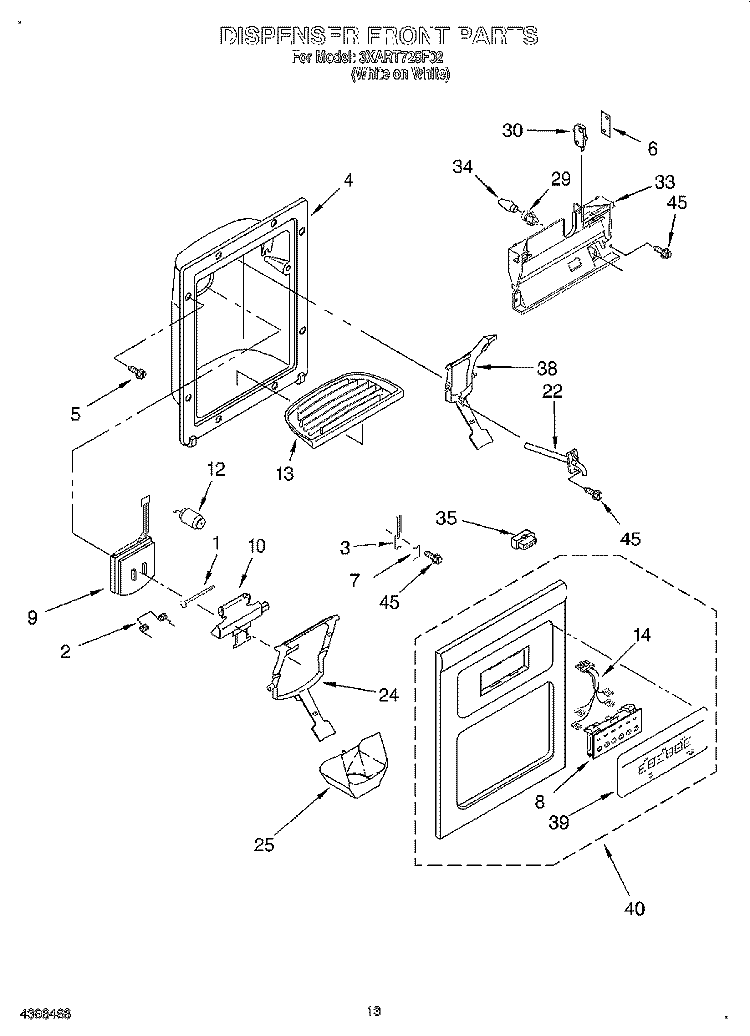 DISPENSER FRONT Diagram and Parts List for 3XART725F02  Whirlpool Refrigerator