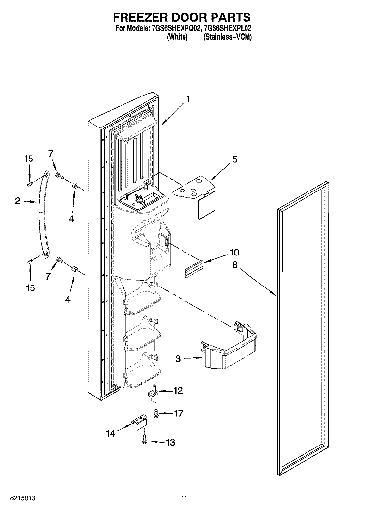 FREEZER DOOR PARTS Diagram and Parts List for 7GS6SHEXPQ02  Whirlpool Refrigerator