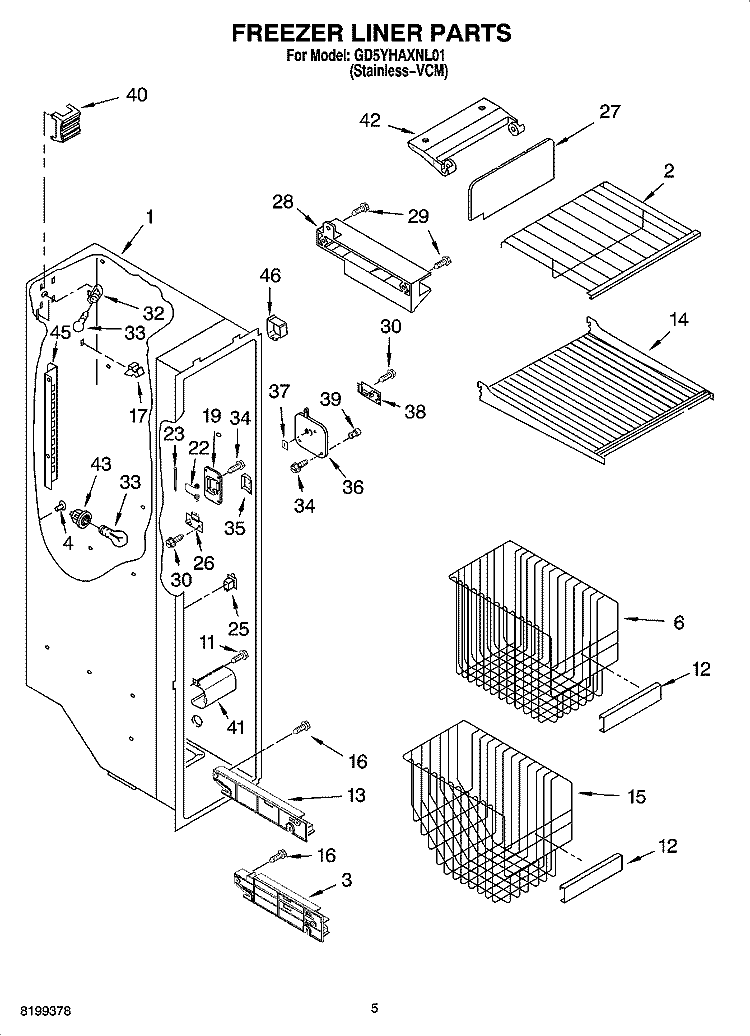 FREEZER LINER PARTS Diagram and Parts List for GD5YHAXNL01  Whirlpool Refrigerator