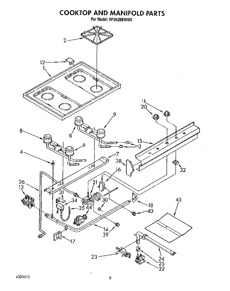 COOKTOP AND MANIFOLD, LIT/OPTIONAL Diagram and Parts List for SF302BEWW0  Whirlpool Range