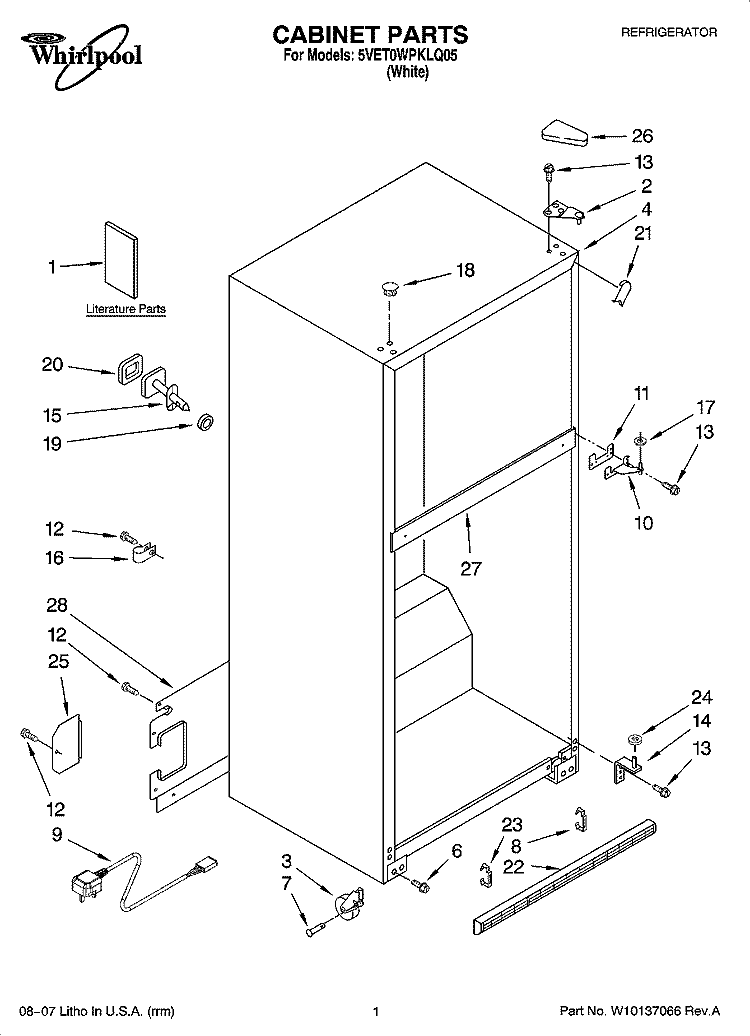 CABINET PARTS Diagram and Parts List for 5VET0WPKLQ05  Whirlpool Refrigerator