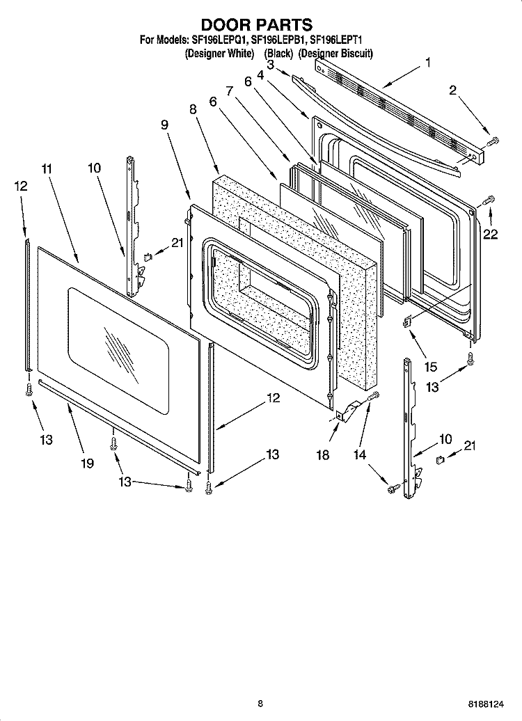 DOOR PARTS, OPTIONAL PARTS Diagram and Parts List for SF196LEPT1  Whirlpool Range