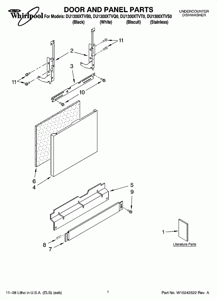 DOOR AND PANEL PARTS Diagram and Parts List for DU1300XTVQ0  Whirlpool Dishwasher