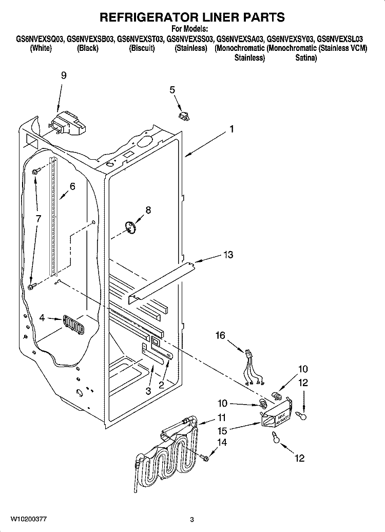 REFRIGERATOR LINER PARTS Diagram and Parts List for GS6NVEXST03  Whirlpool Refrigerator