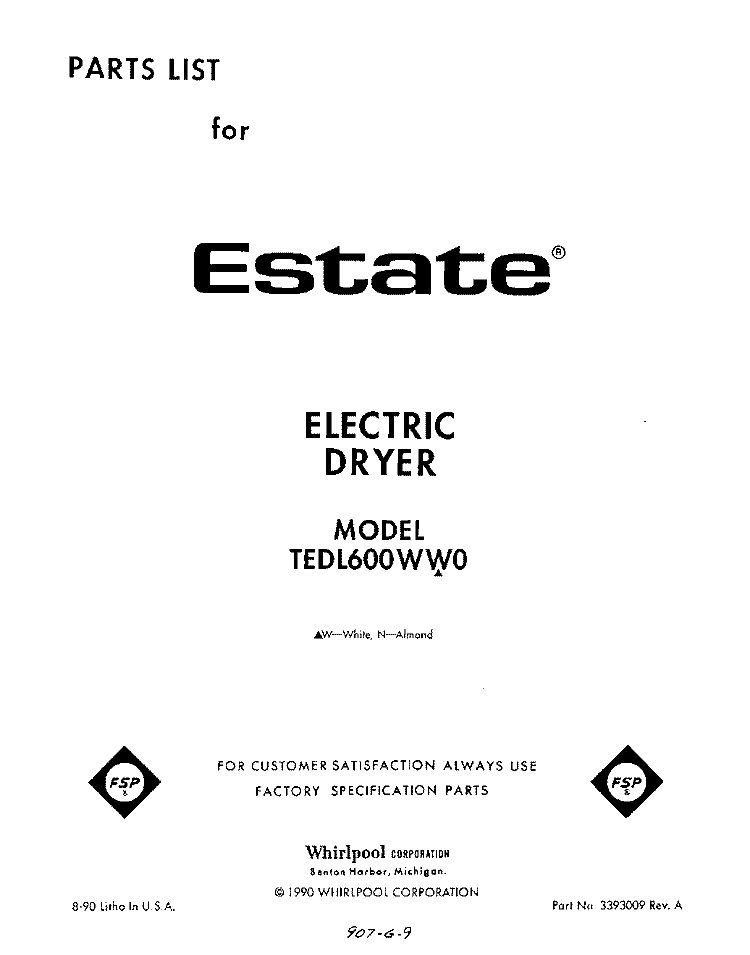 SECTION Diagram and Parts List for TEDL600WW0  Whirlpool Dryer