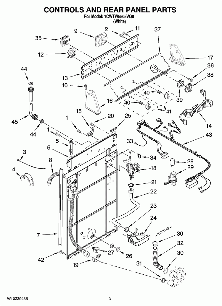 CONTROLS AND REAR PANEL PARTS Diagram and Parts List for 1CWTW5505VQ0  Whirlpool Washer