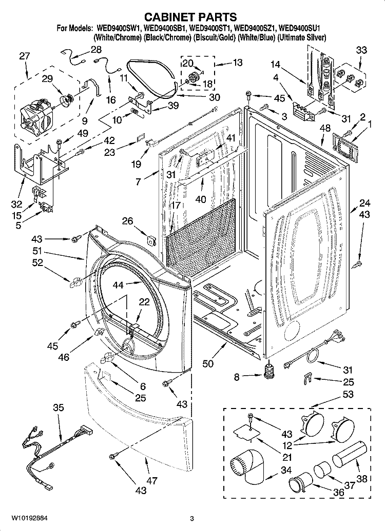 CABINET PARTS Diagram and Parts List for WED9400SW1  Whirlpool Dryer
