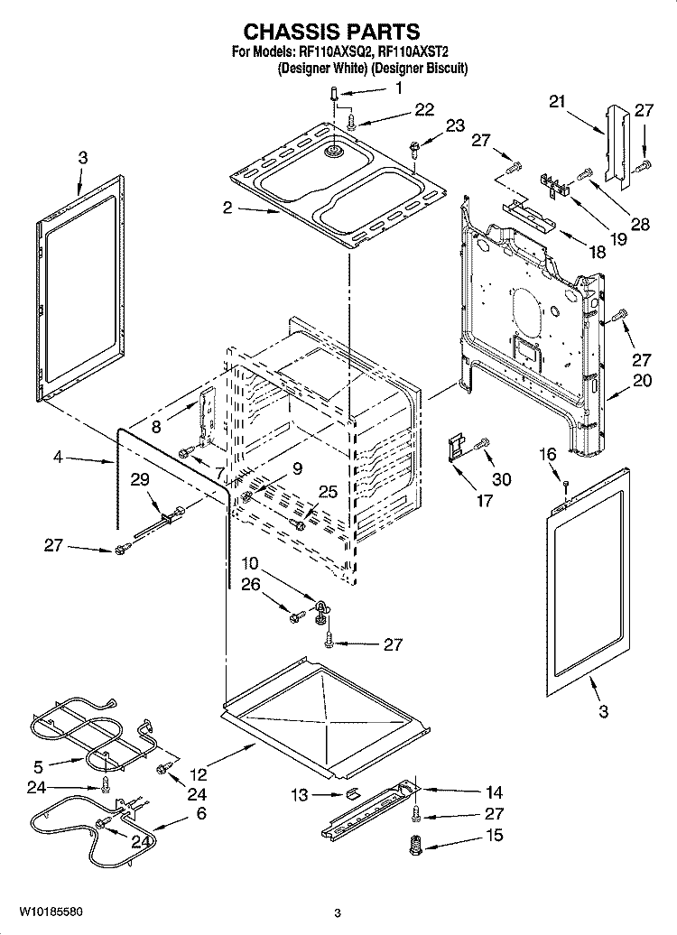 CHASSIS PARTS Diagram and Parts List for RF110AXSQ2  Whirlpool Range