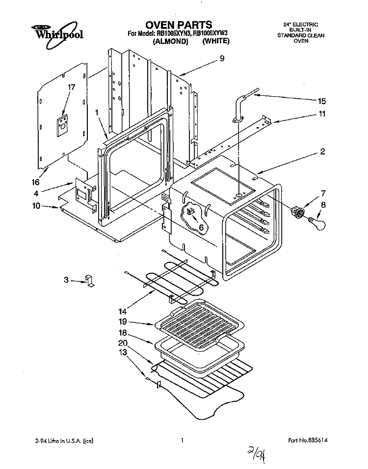 OVEN Diagram and Parts List for RB1005XYN3  Whirlpool Wall Oven