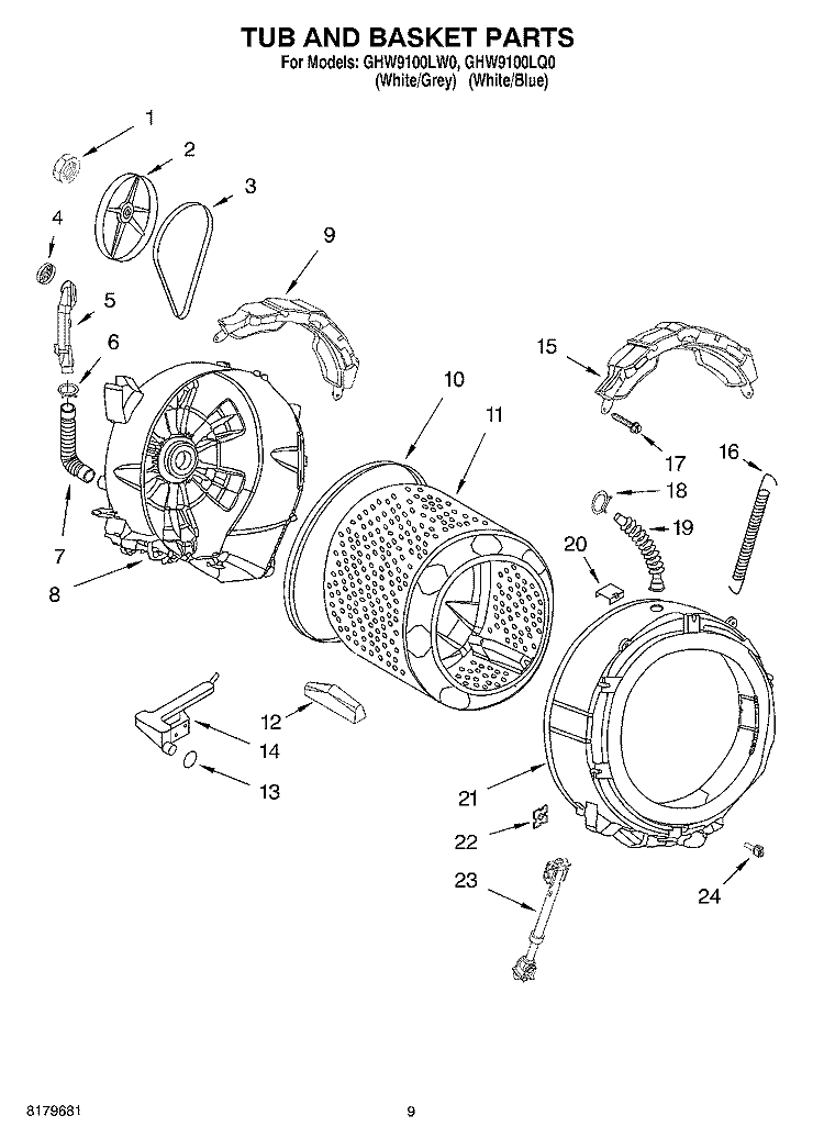 TUB AND BASKET Diagram and Parts List for GHW9100LW0  Whirlpool Washer