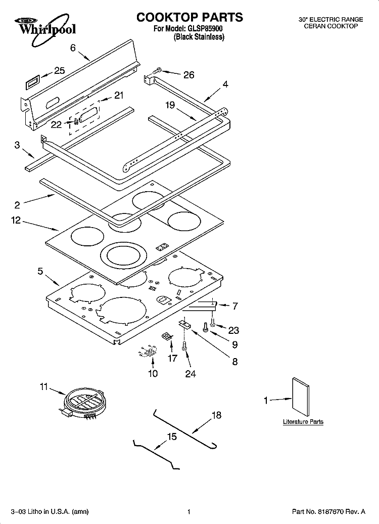 COOKTOP PARTS Diagram and Parts List for GLSP85900  Whirlpool Range