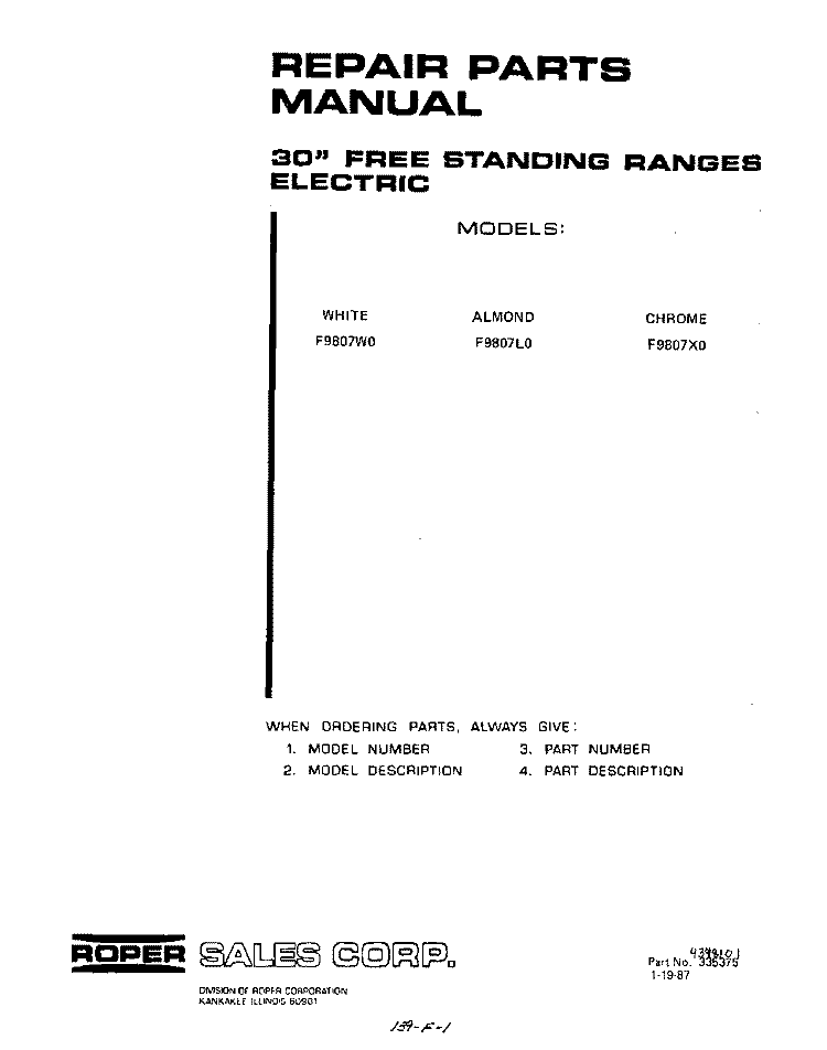 BACKGUARD Diagram and Parts List for F9807W0  Roper Range