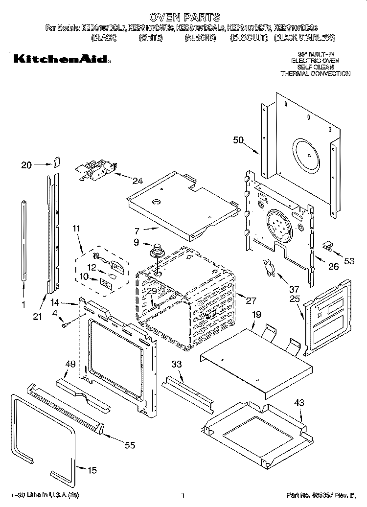 OVEN Diagram and Parts List for KEBS107DBS6  KitchenAid Wall Oven