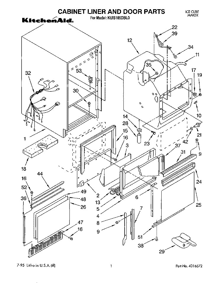 CABINET LINER AND DOOR, LITERATURE Diagram and Parts List for KUIS185DBL0  KitchenAid Ice Maker