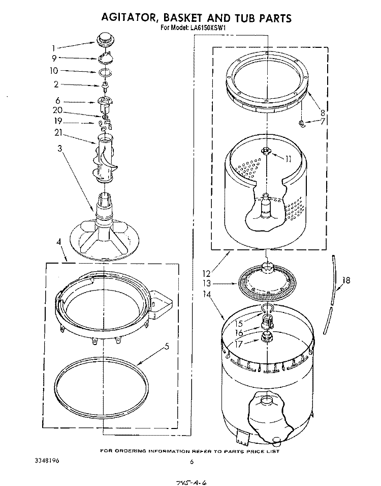 AGITATOR, BASKET AND TUB Diagram and Parts List for LA6150XSW1  Whirlpool Washer
