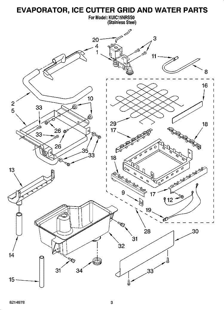 EVAPORATOR, ICE CUTTER GRID AND WATER PARTS Diagram and Parts List for KUIC15NRSS0  KitchenAid Ice Maker