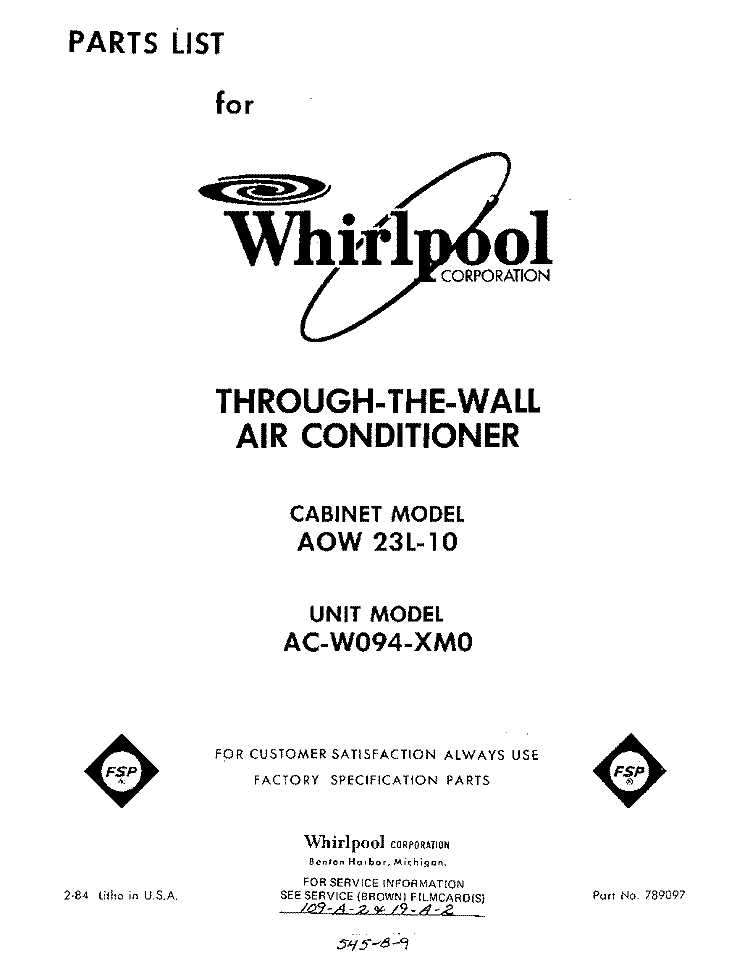 SECTION Diagram and Parts List for ACW094XM0  Whirlpool Air Conditioner