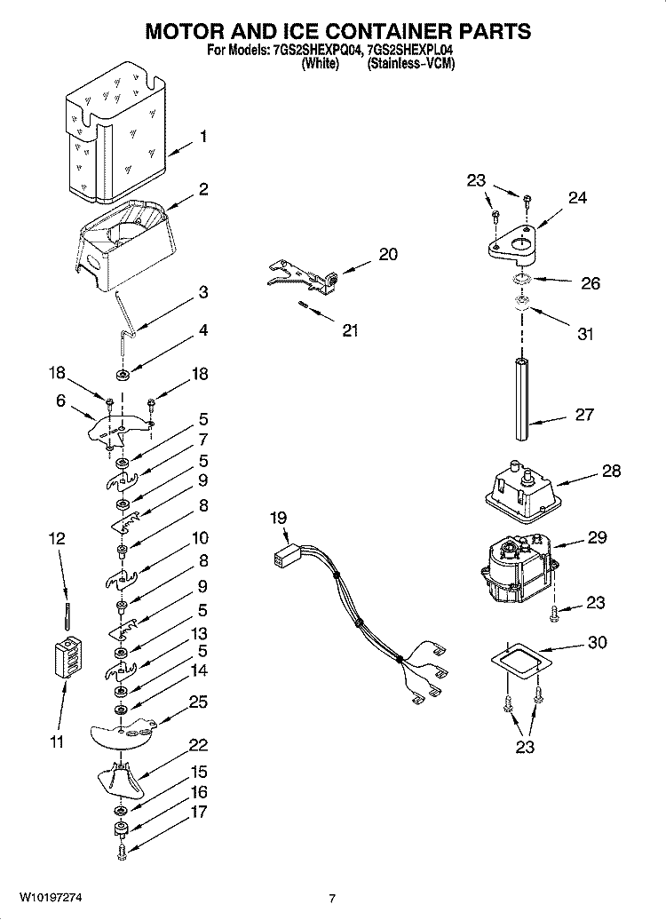 MOTOR AND ICE CONTAINER PARTS Diagram and Parts List for 7GS2SHEXPQ04  Whirlpool Refrigerator