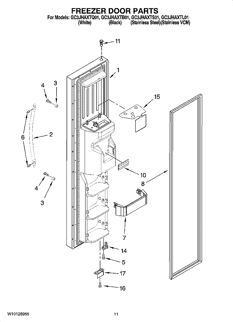 FREEZER DOOR PARTS Diagram and Parts List for GC3JHAXTB01  Whirlpool Refrigerator