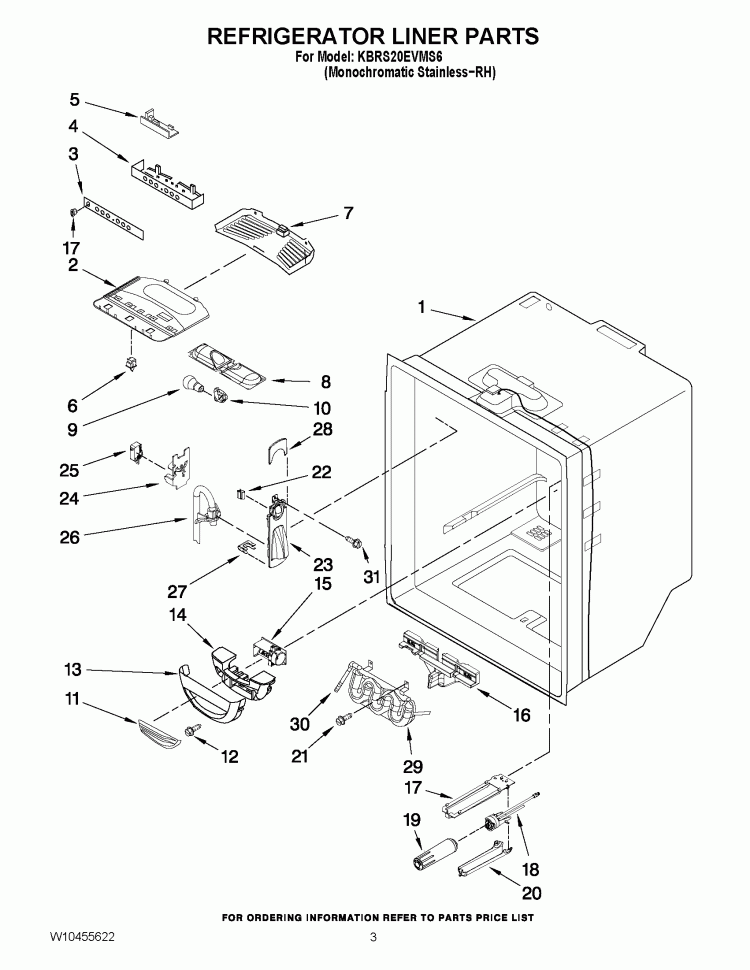 REFRIGERATOR LINER PARTS Diagram and Parts List for KBRS20EVMS6  KitchenAid Refrigerator