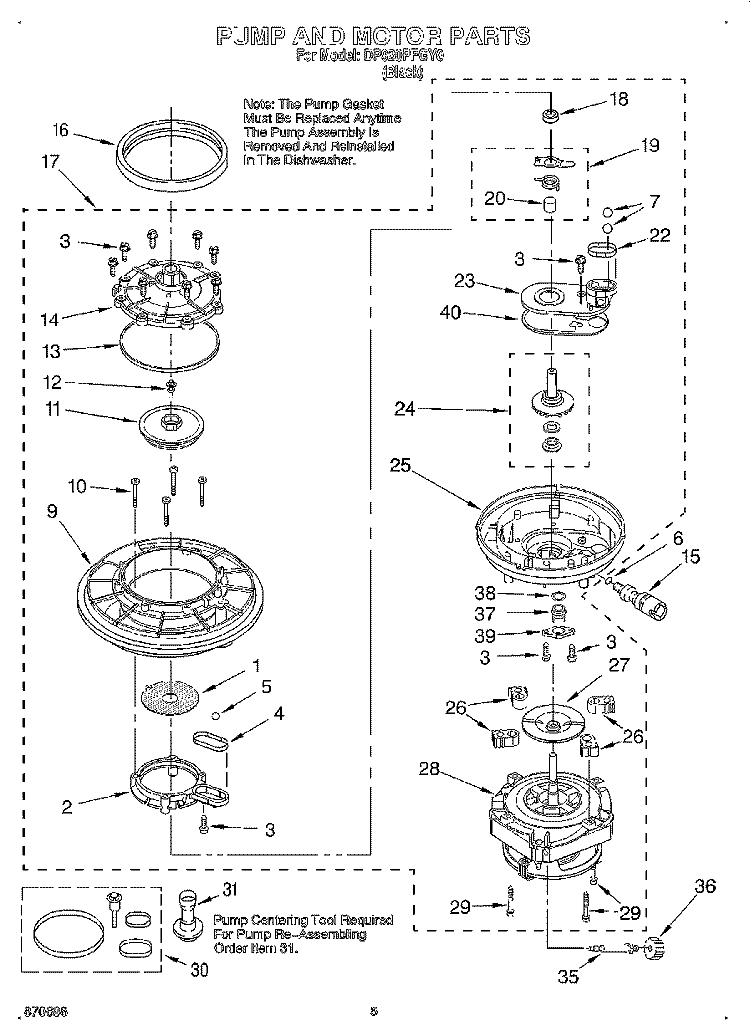 PUMP AND MOTOR Diagram and Parts List for DP920PFGY0  Whirlpool Dishwasher
