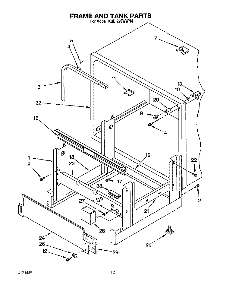 FRAME AND TANK Diagram and Parts List for KUDI220WWH4  KitchenAid Dishwasher