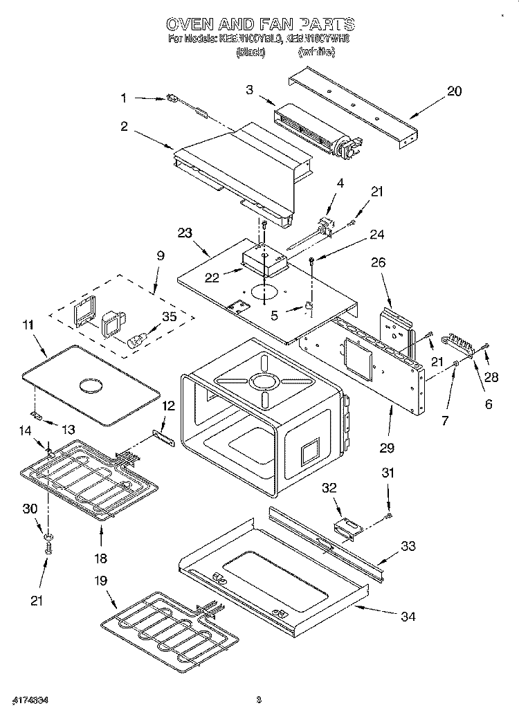 OVEN AND FAN Diagram and Parts List for KEBN100YBL0  KitchenAid Wall Oven
