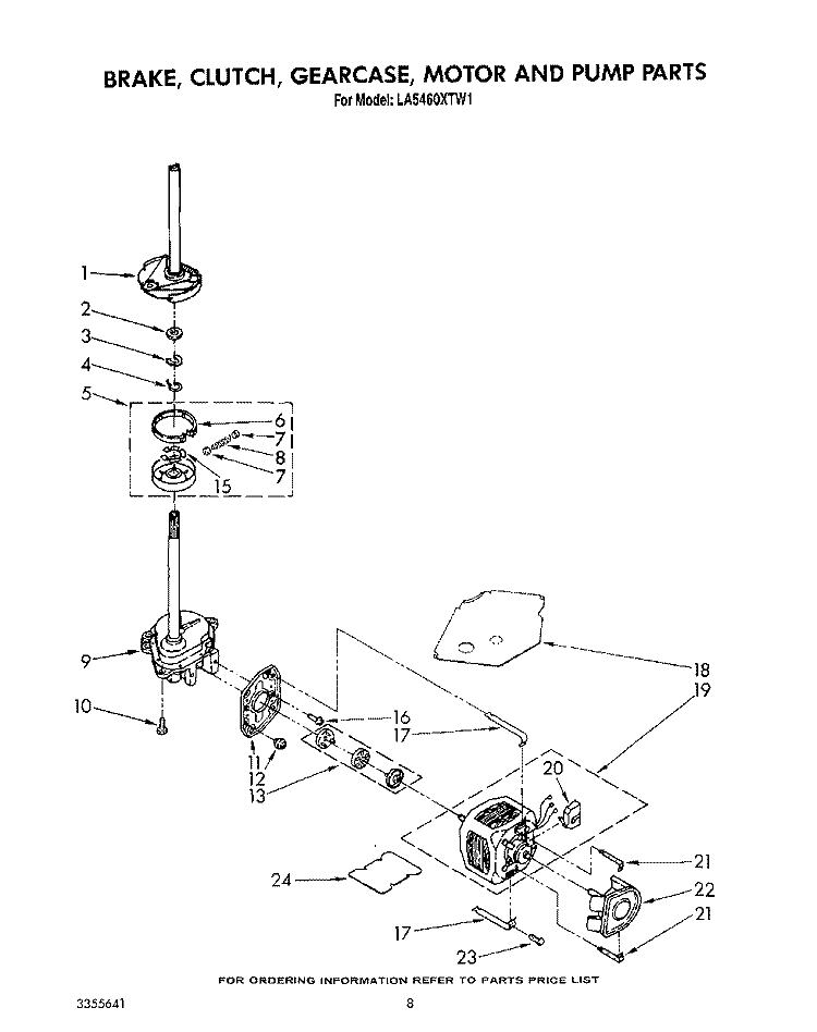 BRAKE, CLUTCH, GEARCASE, MOTOR AND PUMP Diagram and Parts List for LA5460XTW1  Whirlpool Washer