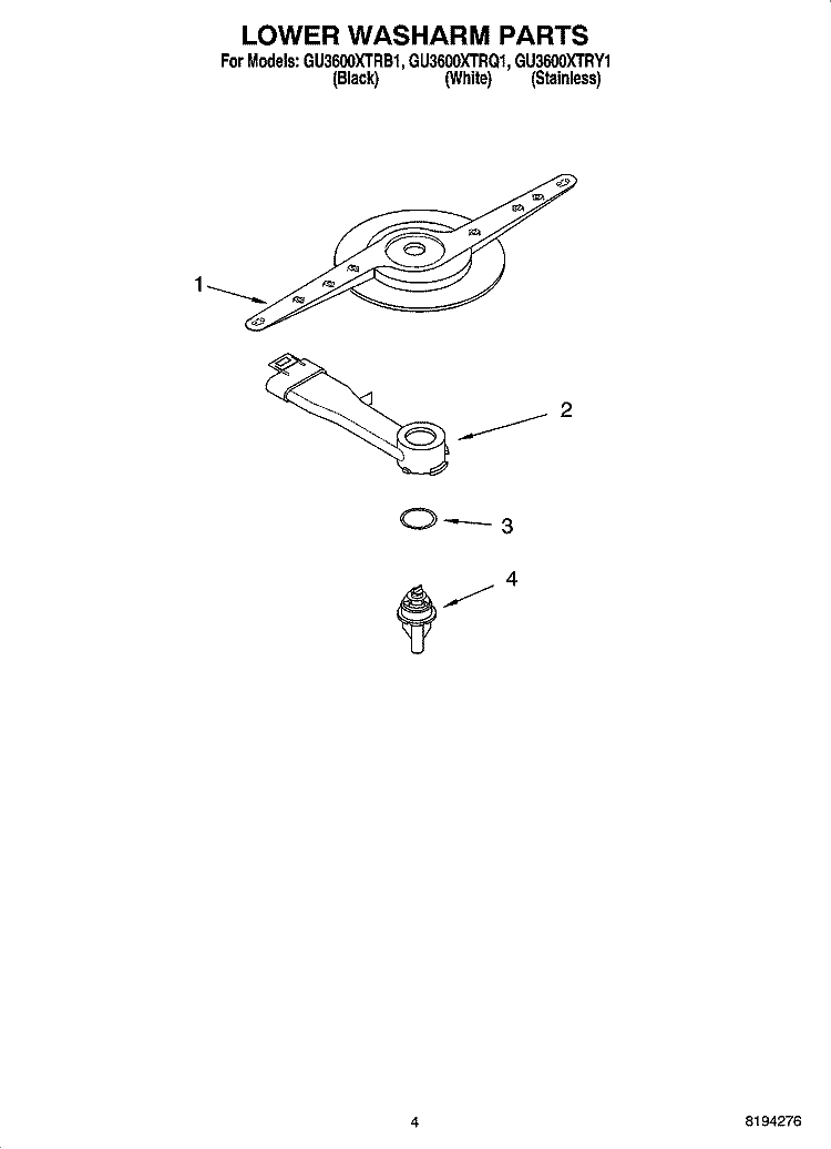 LOWER WASHARM PARTS Diagram and Parts List for GU3600XTRB1  Whirlpool Dishwasher