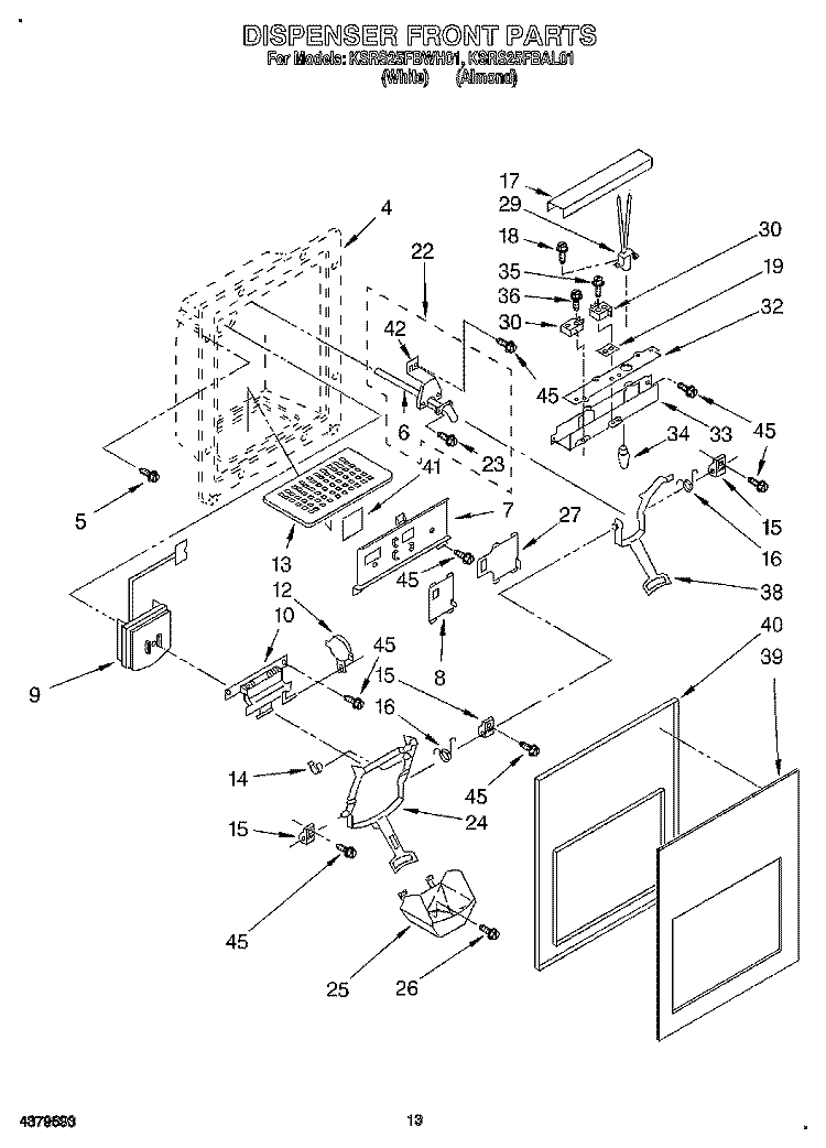 DISPENSER FRONT Diagram and Parts List for KSRS25FBWH01  KitchenAid Refrigerator