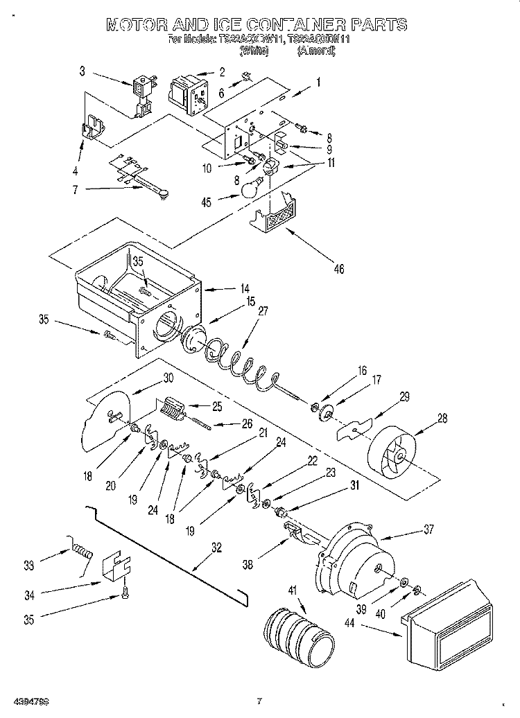 MOTOR AND ICE CONTAINER Diagram and Parts List for TS22AQXDN11  Whirlpool Refrigerator