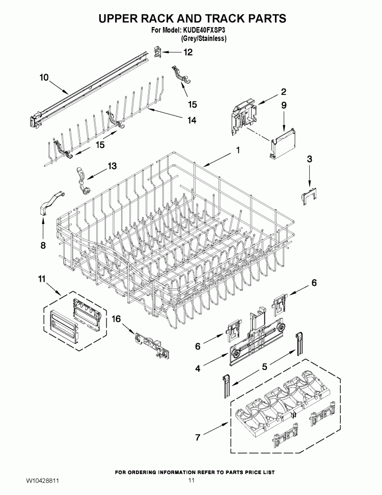 UPPER RACK AND TRACK PARTS Diagram and Parts List for KUDE40FXSP3  KitchenAid Dishwasher
