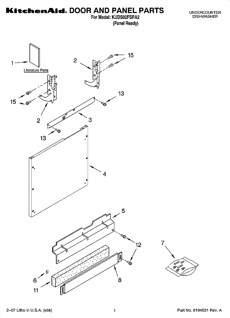 DOOR AND PANEL PARTS Diagram and Parts List for KUDS02FSPA2  KitchenAid Dishwasher